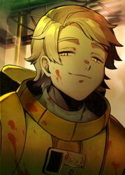  1boy among_us blonde_hair blood closed_mouth half-closed_eyes helmet impostor_(among_us) looking_at_viewer male_focus numbers_(pigpenandpaper) original short_hair smile smug solo spacesuit unworn_headwear unworn_helmet upper_body yellow_(among_us) yellow_eyes 