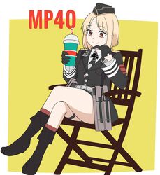  armband bad_id bad_twitter_id black_footwear black_gloves black_necktie blonde_hair boots brown_eyes buttons chair cross crossed_legs drinking_straw eyebrows female folding_chair garrison_cap girls&#039;_frontline gloves half_gloves hand_on_own_chin hat highres holding inactive_account iron_cross knee_boots korean_commentary military military_hat military_uniform milkshake mp40_(girls&#039;_frontline) necktie nose pouch sheath short_hair simple_background sitting smile solo thigh_strap uniform wani_(perfect_han) wolfenstein_(series) wolfenstein_ii:_the_new_colossus 