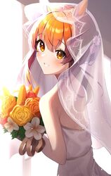  animal_ears backless_dress backless_outfit bad_id bad_twitter_id bare_shoulders blush bouquet bridal_veil carrot commentary_request commission dress female flower hair_flower hair_ornament highres holding holding_bouquet horse_ears looking_at_viewer looking_to_the_side mayano_top_gun_(sunlight_bouquet)_(umamusume) mayano_top_gun_(umamusume) official_alternate_costume orange_eyes orange_flower orange_hair see-through skeb_commission smile solo takom teeth umamusume upper_body veil white_dress 