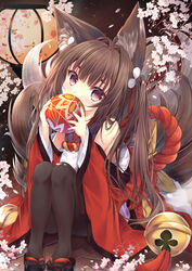  amagi-chan_(azur_lane) animal_ears azur_lane bell brown_hair brown_tail cherry_blossoms female fox_ears fox_girl fox_tail highres japanese_clothes kimono kitsune kyuubi long_hair maya_(tirolpop) multiple_tails off_shoulder purple_eyes red_kimono rope shimenawa solo tail thick_eyebrows 