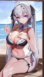  absurdres ahoge beach bikini blue_sky breasts cleavage closed_mouth cloud detached_collar dot_nose female frilled_bikini frills grey_hair hair_ribbon highres indie_virtual_youtuber kamikurai_leto large_breasts lumium mole mole_under_eye navel neck_ribbon outdoors purple_eyes purple_ribbon ribbon sky smile solo stomach swimsuit thigh_strap virtual_youtuber 