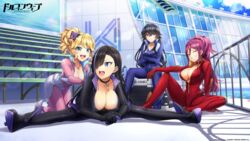  4girls :d assisted_stretching black_bodysuit black_choker black_hair blonde_hair blue_bodysuit blue_eyes bodysuit breasts butterfly_hair_ornament choker cleavage closed_eyes commentary_request copyright_name copyright_notice dolphin_wave flexible hagane_otsuki hair_ornament hair_over_one_eye hands_on_another&#039;s_shoulders highres izumi_kiri jewelry kurenashi_yuuri kurose_minami large_breasts long_hair marvelous multicolored_hair multiple_girls necklace official_art official_wallpaper ootomo_takuji open_bodysuit open_clothes parted_bangs pink_bodysuit ponytail purple_hair pushing red_bodysuit sitting smile streaked_hair stretching 