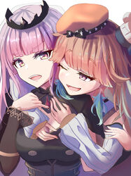  2girls breasts chef_hat cleavage commentary hat highres hololive hololive_english hug hug_from_behind large_breasts long_hair mori_calliope mori_calliope_(1st_costume) multiple_girls one_eye_closed open_mouth orange_hair pink_eyes pink_hair purple_eyes takanashi_kiara takanashi_kiara_(1st_costume) tiara tipto-eb v-shaped_eyebrows veil virtual_youtuber yuri 