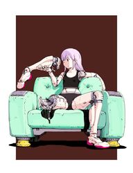  amputee android armchair black_panties black_sports_bra brown_background brown_eyes chair closed_mouth commentary couch easy_chair female full_body highres holding holding_leg joints light_frown light_purple_hair long_hair looking_at_object looking_away mechanical_arms mechanical_legs mechanical_parts one_eye_closed original outside_border panties purple_hair robot_joints science_fiction severed_leg severed_limb sidelocks simple_background sitting solo sports_bra spread_legs sukabu underwear underwear_only 