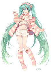  :d alternate_costume aqua_hair aqua_nails arms_at_sides babydoll babydoll_t-shirt blue_eyes blush boots bow breasts cleavage collarbone commentary crop_top dot_nose eyelashes female fingernails full_body fur_boots fur_jacket hair_between_eyes hair_ribbon hairband hand_up hatsune_miku highres jacket knee_boots knees_together_feet_apart legs_apart legs_together long_hair looking_at_viewer midriff multicolored_eyes navel open_mouth pajamas pink_footwear pink_hairband polka_dot polka_dot_babydoll polka_dot_hairband polka_dot_ribbon red_bow red_ribbon ribbon shigure_ui shiny_skin short_shorts shorts sidelocks simple_background sleeves_past_wrists small_breasts smile solo spaghetti_strap standing standing_on_one_leg striped_clothes striped_footwear striped_jacket thigh_gap twintails unworn_jacket very_long_hair vocaloid watermark white_babydoll white_background white_shorts yellow_eyes 