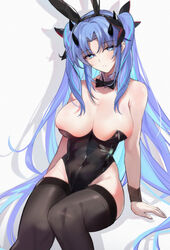  absurdres animal_ears black_bow black_bowtie black_hairband black_leotard black_thighhighs blue_eyes blue_hair bow bowtie breasts bursting_breasts changpan_hutao covered_navel detached_collar facial_mark fake_animal_ears fate/grand_order fate_(series) female forehead_mark hairband highleg highleg_leotard highres ishtar_(fate) large_breasts leotard long_hair playboy_bunny rabbit_ears simple_background sitting solo space_ishtar_(astarte_origin)_(fate) space_ishtar_(fate) strapless strapless_leotard thighhighs traditional_bowtie two_side_up very_long_hair white_background wrist_cuffs 