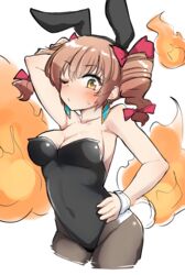  ;/ animal_ears arm_behind_head arm_up bare_shoulders blush bow breasts brown_eyes brown_hair cleavage collarbone covered_navel cowboy_shot cropped_legs drill_hair earrings fake_animal_ears female fire hairbow hand_on_own_hip highres jewelry large_breasts leotard looking_at_viewer medium_hair one_eye_closed pantyhose pechimaru playboy_bunny rabbit_ears red_bow simple_background solo standing strapless tail touhou twin_drills twintails white_background wrist_cuffs yorigami_jo&#039;on 