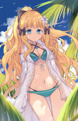  aqua_bikini bare_shoulders beach bikini bikini_under_clothes black_bow blonde_hair blue_bikini blue_eyes blue_sky blush bow breasts chinese_commentary cleavage closed_mouth cloud cloudy_sky collarbone commentary_request criss-cross_halter day female flower fred04142 hair_flower hair_ornament hair_up hairbow halterneck high_ponytail layered_bikini long_hair looking_at_viewer medium_breasts navel o-ring o-ring_bikini o-ring_top outdoors palm_tree photoshop_(medium) ponytail princess_connect! saren_(princess_connect!) saren_(summer)_(princess_connect!) see-through sky smile solo swimsuit tree very_long_hair white_flower 