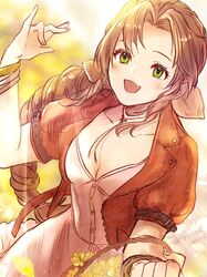  aerith_gainsborough bangle basket blush bracelet braid braided_ponytail breasts brown_hair buttons choker cleavage cropped_jacket dress female final_fantasy final_fantasy_vii final_fantasy_vii_remake flower flower_basket flower_choker green_eyes hair_ribbon highres holding holding_basket jacket jewelry komugiko_no_mori long_hair looking_at_viewer medium_breasts open_mouth parted_bangs pink_dress pink_ribbon puffy_short_sleeves puffy_sleeves red_jacket ribbon short_sleeves sidelocks smile solo twitter_username upper_body yellow_flower 