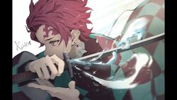  1boy bad_id bad_pixiv_id black_jacket brown_eyes brown_hair checkered_haori demon_slayer_uniform earrings forehead highres holding holding_sword holding_weapon hoshizaki_reita hydrokinesis jacket jewelry kamado_tanjirou kimetsu_no_yaiba long_sleeves looking_away male_focus open_clothes pillarboxed scar scar_on_face scar_on_forehead signature solo sword upper_body water weapon wide_sleeves 