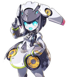  android blue_eyes commentary dia_(world_flipper) female finger_gun hand_on_own_hip looking_to_the_side mechanical_skirt metal_skin open_mouth robot solo taedu white_background world_flipper 