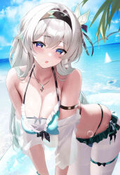  :o arm_strap bare_shoulders bikini black_hairband breasts cleavage collarbone day fantongjun female firefly_(honkai:_star_rail) hair_ornament hairband highres honkai:_star_rail honkai_(series) jewelry large_breasts leaning_forward long_hair looking_at_viewer necklace ocean open_mouth outdoors pantyhose purple_eyes solo swimsuit thighs water white_hair white_pantyhose 