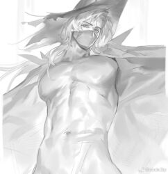  1boy arknights bara character_request code2_ip covered_navel cowboy_shot from_below greyscale large_pectorals looking_at_viewer male_focus mask monochrome mouth_mask muscular muscular_male outstretched_arms pectorals solo spread_arms standing thick_eyebrows tight_clothes unfinished 