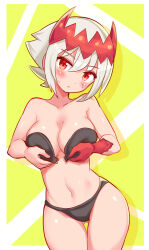  bare_shoulders black_bra black_panties bra breasts collarbone colored_skin cougar_(cougar1404) cowboy_shot dragon:_marked_for_death empress_(dmfd) female large_breasts looking_at_viewer multicolored_skin navel open_bra panties red_eyes red_skin scar scar_on_face solo tiara two-tone_skin underwear white_hair yellow_background 