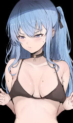  alternate_breast_size bare_shoulders black_background black_bra black_choker blue_eyes blue_hair blush bra bra_pull breasts choker clothes_pull collarbone english_commentary female hair_between_eyes hair_ribbon highres hololive hoshimachi_suisei long_hair looking_to_the_side medium_breasts one_side_up ribbon sak1_01 solo star_(symbol) star_choker star_in_eye sweat symbol_in_eye underwear upper_body virtual_youtuber wavy_mouth 