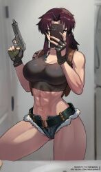  abs bare_shoulders belt beretta_92 black_belt black_gloves black_lagoon black_tank_top boosty_username breasts brown_hair cellphone cleavage contrapposto covered_face crop_top cutoffs denim denim_shorts female fingerless_gloves gloves gun handgun highres holding holding_gun holding_phone holding_weapon holster large_breasts long_hair midriff muscular muscular_female navel patreon_username phone ponytail revy_(black_lagoon) selfie short_shorts shorts shoulder_holster shoulder_tattoo smartphone solo stomach tank_top tattoo thighs toned_female tribal_tattoo weapon wersman 