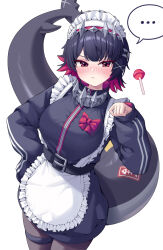  ... alternate_costume apron belt black_belt black_hair blush candy closed_mouth colored_inner_hair dated_commentary ellen_joe female fins fish_tail food hair_ornament heart highres jersey_maid lollipop long_sleeves maid maid_apron maid_headdress metaljelly mole mole_under_eye multicolored_hair pantyhose red_eyes red_hair shark_girl shark_tail short_hair simple_background solo spoken_ellipsis spoken_heart tail two-tone_hair unconventional_maid white_background x_hair_ornament zenless_zone_zero 