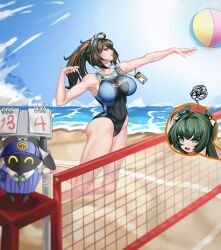  2girls absurdres ass bangboo_(zenless_zone_zero) beach beach_volleyball black_hair blue_sky blush breasts green_hair highres large_breasts multicolored_hair multiple_girls one-piece_swimsuit ponytail qingyi_(zenless_zone_zero) red_hair rolo6_4 sand score sky swimsuit thighs twintails volleyball_net zenless_zone_zero zhu_yuan 