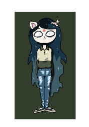  :| absurd_res anthro blue_hair border bottomwear cartoon_hangover claire_(the_summoning) clothing denim denim_bottomwear denim_clothing domestic_cat eyeshadow felid feline felis female_(lore) footwear gradient_hair ha-man hair hi_res jeans looking_at_viewer makeup mammal notched_ear pants pupils shoes simple_eyes slit_pupils standing star sweater the_summoning topwear white_body white_border 