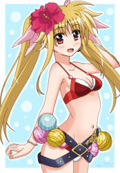  arm_behind_head bardiche_(nanoha) bardiche_(standby_form)_(nanoha) belt bikini black_belt blonde_hair breasts fate_testarossa female flower hair_flower hair_ornament hand_on_headset headset highres lyrical_nanoha lyrical_store mahou_shoujo_lyrical_nanoha mahou_shoujo_lyrical_nanoha_a&#039;s mahou_shoujo_lyrical_nanoha_reflection navel official_alternate_costume outside_border red_bikini red_eyes reiwa_no_sherlock small_breasts solo swimsuit twintails 