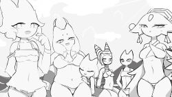  anthro big_breasts breasts closed_eyes clothing cloud dipstick_ears ear_markings ear_piercing ear_tuft eyelashes felid feline female floppy_ears forehead_gem gem gou_mang_(nine_sols) grey_background group halo heng_(nine_sols) lady_ethereal_(nine_sols) liqueurmask lop_ears mammal multicolored_ears navel navel_outline nine_sols nuwa_(nine_sols) one-piece_swimsuit partially_submerged piercing red_candle_games sea simple_background small_breasts solarian standing_in_water swimwear thick_thighs tuft two-piece_swimsuit water wide_hips 