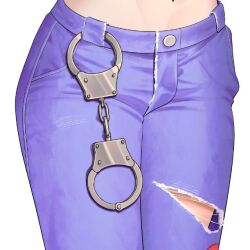  close-up commentary_request cuffs denim female guumin handcuffs jeans kotohime_(touhou) midriff navel pants simple_background solo torn_clothes torn_jeans torn_pants touhou touhou_(pc-98) white_background 