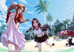  3girls 4boys 5tatsu aerith_gainsborough bare_legs barret_wallace beach braid braided_ponytail breasts cait_sith_(final_fantasy) clothes_lift cloud_strife commentary crop_top dress dress_lift dune_buggy final_fantasy final_fantasy_vii final_fantasy_vii_rebirth final_fantasy_vii_remake highres large_breasts long_hair low-tied_long_hair lying miniskirt multiple_boys multiple_girls on_back open_mouth palm_tree pink_dress red_xiii shoes single_shoe skirt smile suspenders thighs tifa_lockhart tree unworn_shoes wading water yuffie_kisaragi 