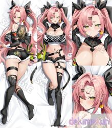  bare_shoulders bed_sheet black_ribbon breasts cleavage dakimakura_(medium) female green_eyes hair_ornament hair_ribbon hairclip hiroki_(hirokiart) large_breasts long_hair looking_at_viewer lying mole multiple_views navel nicole_demara on_back pink_hair ribbon shorts smile strapless two_side_up zenless_zone_zero 