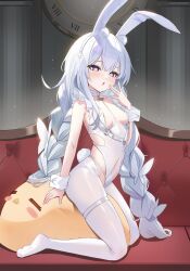  absurdres animal_ears azur_lane blue_eyes blush_stickers braid breasts collar couch covered_navel cross-shaped_pupils crossed_bangs crotchless crotchless_pantyhose fake_animal_ears fake_tail female from_side grey_hair hair_between_eyes hand_up hashtag-only_commentary henem416 highres indoors kneeling le_malin_(azur_lane) le_malin_(listless_lapin)_(azur_lane) leotard light_blush long_hair looking_at_viewer low_twin_braids manjuu_(azur_lane) no_shoes o-ring_collar official_alternate_costume on_couch open_mouth pantyhose playboy_bunny rabbit_ears rabbit_tail small_breasts solo symbol-shaped_pupils tail thigh_strap twin_braids very_long_hair white_collar white_leotard white_pantyhose white_wrist_cuffs wrist_cuffs 