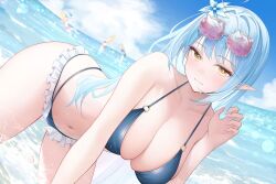  4girls absurdres ahoge all_fours bare_shoulders beach bikini blue_bikini blue_hair blurry blurry_background breasts collarbone elf eyewear_on_head frilled_bikini frills heart heart_ahoge highres hololive large_breasts long_hair looking_at_viewer momosuzu_nene multiple_girls navel ocean omaru_polka pink-tinted_eyewear pink_nails pointy_ears shishiro_botan solo_focus sumeragi_sumika sunglasses swimsuit tinted_eyewear virtual_youtuber yellow_eyes yukihana_lamy 