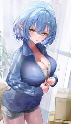  absurdres ahoge blue_hair breasts female furofuroppi heart heart_ahoge highres hololive jacket large_breasts looking_at_viewer medium_hair pointy_ears solo thighs track_jacket yellow_eyes yukihana_lamy 