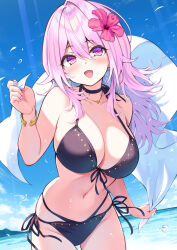  :d bare_shoulders beach bikini black_bikini black_choker blue_sky blush bracelet breasts choker cloud cu-no day female flower hair_between_eyes hair_flower hair_ornament hand_up happy highres hisen_kaede holding holding_towel jewelry large_breasts long_bangs long_hair looking_at_viewer navel necklace outdoors pink_flower pink_hair pink_nails purple_eyes side-tie_bikini_bottom sidelocks sky smile solo standing straight_hair swimsuit towel water yayoi_sakura 