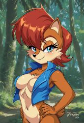  2024 absurd_res anthro archie_comics breasts chipmunk clothed clothing female ground_squirrel hands_on_hips hi_res looking_at_viewer mammal navel open_clothing open_topwear open_vest prezer0 rodent sally_acorn sciurid sega signature smile solo sonic_the_hedgehog_(archie) sonic_the_hedgehog_(comics) sonic_the_hedgehog_(series) topwear tree_squirrel vest 