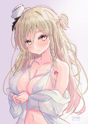  absurdres bikini blonde_hair blush braid breasts brown_eyes collarbone female hat highres hizaka kantai_collection large_breasts long_hair looking_at_viewer mini_hat navel side_braid signature solo swimsuit swimsuit_under_clothes twitter_username upper_body wavy_hair white_background white_bikini zara_(kancolle) zara_due_(kancolle) 