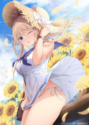  ;o blue_eyes blue_neckerchief blue_sailor_collar blue_sky bow clothes_lift cloud day dress dress_lift female flower hand_up hat hat_bow light_brown_hair looking_at_viewer neckerchief nekokobushi one_eye_closed original outdoors panties sailor_collar sailor_dress side-tie_panties sky sleeveless sleeveless_dress solo straw_hat sun_hat sunflower thighs tongue underwear watch white_bow white_dress white_panties wind wind_lift wristwatch 