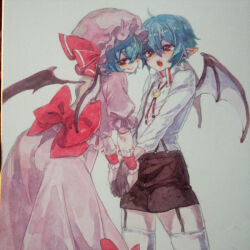  1boy bat_wings blue_hair blush bow brown_shorts collared_shirt dress dual_persona fangs female frilled_cuffs frills garter_straps genderswap_(ftm) hat hat_ribbon holding_hands leaning_forward long_sleeves looking_at_viewer mafuyu_hemp mob_cap necktie open_mouth pink_hat pointy_ears puffy_sleeves red_eyes remilia_scarlet ribbon rule_63 shirt short_hair shorts smile suspender_shorts suspenders thighhighs touhou traditional_media white_background wings wrist_cuffs 