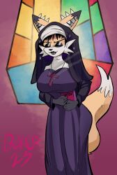  anthro artist_name bat-eared_fox bible_(object) big_breasts black_hair bodily_fluids boker breasts canid canine closed_eyes clothed clothing cross cross_necklace digital_media_(artwork) ear_piercing eyeshadow female fox fur hair hi_res jewelry laura_derose lips makeup mammal necklace nun nun_habit nun_outfit orange_body orange_fur piercing purple_eyeshadow religious_clothing signature smile solo stained_glass stained_glass_window sweat tail text 