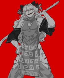  1boy carrying_over_shoulder chamaruk chinese_clothes clothing_cutout curly_hair detached_sleeves evil_smile genderswap_(ftm) hand_on_own_hip holding holding_spork horn_ornament horn_ribbon horns long_hair looking_at_viewer male_focus meandros muscular muscular_male open_mouth oversized_object patterned_clothing pectoral_cleavage pectorals pelvic_curtain pointy_ears red_background red_nails ribbon rule_63 sharp_teeth sheep_horns side_slit smile solo spork teeth touhou toutetsu_yuuma very_long_hair 
