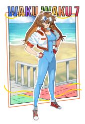  beach blue_bodysuit bodysuit breasts brown_eyes brown_hair colored_inner_hair copyright_name covered_navel fingerless_gloves full_body gloves goggles hair_between_eyes hands_on_own_hips highres jacket makihara_arina matheus_felipe medium_breasts multicolored_hair outdoors railing red_gloves red_shoes shoes smile sneakers standing twintails waku_waku_7 white_jacket 