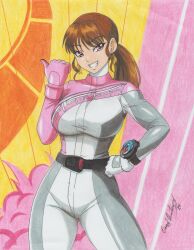  absurdres bakuage_sentai_boonboomger bodysuit boonboom_changer breasts brown_hair bun_pink cowboy_shot female highres large_breasts long_hair looking_at_viewer parted_lips pink_background pink_bodysuit pink_eyes ponytail ravernclouk shifuto_mira smile solo super_sentai teeth tokusatsu traditional_media white_bodysuit yellow_background 