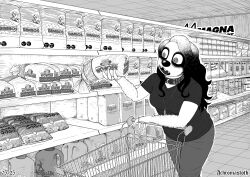  2025 achromasloth anthro black_hair bread breasts choker claws clothed clothing collar detailed_background digital_media_(artwork) english_text female folgers_coffee food fur greyscale hair hi_res jewelry mammal monochrome monster necklace open_mouth parody pilosan shopping_cart sloth solo spiral_eyes supermarket teeth text vicky_(lazzzy_drawings) wonder_bread xenarthran 