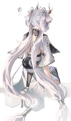  ! !! absurdres backless_outfit commentary elyzerda female from_behind hair_rings highres jinhsi_(wuthering_waves) long_hair low-tied_long_hair simple_background sitting solo twintails very_long_hair white_background white_hair wuthering_waves 