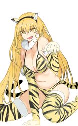  animal_ears animal_hands animal_print bikini blonde_hair breasts bright_pupils cleavage derivative_work fake_animal_ears fake_tail female fur_collar fur_trim gloves haimura_kiyotaka highres large_breasts long_hair navel official_alternate_costume orange_eyes paw_gloves rou_ju_gao shokuhou_misaki solo star-shaped_pupils star_(symbol) stomach swimsuit symbol-shaped_pupils tail thighhighs thighs tiger_ears tiger_girl tiger_print tiger_tail toaru_majutsu_no_index toaru_majutsu_no_index:_imaginary_fest white_background yellow_pussy 