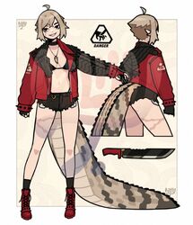  bikini bikini_under_clothes black_bikini crocodile_girl crocodilian_tail female full_body grey_hair jacket knife milkytiddyboy multiple_views original red_jacket reference_sheet shoes shorts smile sneakers swimsuit tagme tail watermark 