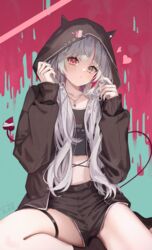  absurdres black_jacket black_shorts blue_background brown_eyes collarbone crop_top demon_tail esuma_gt female grey_hair hair_ribbon heart heterochromia highres hood hood_up hooded_jacket ishigami_nozomi jacket jewelry long_hair long_sleeves looking_at_viewer midriff necklace nijisanji open_clothes open_jacket red_background red_eyes ribbon short_shorts shorts sitting solo stomach tail thigh_strap virtual_youtuber white_ribbon 