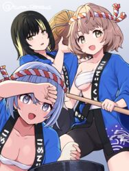  3girls :d arm_up bike_shorts black_hair black_shorts blonde_hair blush breasts brown_eyes brown_hair collarbone cometik_(idolmaster) commentary_request food grey_background grey_hair hair_between_eyes highres holding holding_food idolmaster idolmaster_shiny_colors ikaruga_luca ikuta_haruki kine looking_at_viewer mallet medium_breasts mochi multicolored_hair multiple_girls open_clothes purple_eyes sarashi shorts simple_background smile streaked_hair suzuki_hana sweat tsunaso_(lack_of_sunlight) twitter_username 