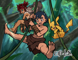  2boys :d alternate_costume barefoot black_hair brown_eyes commentary day gigobyte350 holding koko_(pokemon) loincloth male_focus multiple_boys open_mouth outdoors pikachu plant pokemon pokemon_(anime) pokemon_(creature) pokemon_the_movie:_secrets_of_the_jungle satoshi_(pokemon) short_hair skwovet smile swinging teeth toes topless_male tree upper_teeth_only vines 