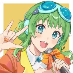  \m/ aqua_brooch aqua_eyes aqua_goggles aqua_headphones blush book_the_star border bow brooch collar commentary_request detached_collar female flipped_hair goggles goggles_on_head green_skirt gumi gumi_(ai_megpoid) hands_up headphones highres holding holding_microphone jacket jewelry looking_at_viewer medium_hair microphone nail_polish open_clothes open_jacket open_mouth orange_background orange_bow orange_jacket orange_nails outside_border portrait seikan_hikou sidelocks skirt smile solo synthesizer_v teeth upper_teeth_only vocaloid white_border white_collar wing_collar 