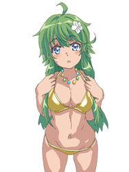  aged_up ahoge bead_necklace beads bikini breasts cowboy_shot dark-skinned_female dark_skin female flower gold_bikini hair_flower hair_ornament hal-py high_school_fleet jewelry long_hair looking_at_viewer medium_breasts navel necklace simple_background solo susan_reyes swimsuit white_background 