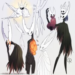  2018 2_horns accessory ambiguous_fluids arthropod artist_name black_arms black_body black_eyes black_hands black_legs blue_cloak blue_clothing bodily_fluids carrying_another cloak clothed clothing cracked cracks digital_media_(artwork) duo english_text female fin fingers fur group heart_symbol hollow_knight hollow_knight_(character) horn hornet_(hollow_knight) infected_(species) insects leenah lepidopteran long_neck moth nonbinary_(lore) nude on_head one_arm one_arm_push-up one_eye_closed orange_eyes orange_fluids radiance_(hollow_knight) raised_leg red_cloak red_clothing sibling_(lore) sister_(lore) sitting_on_arm solo standing sweat sweatdrop team_cherry text the_knight_(hollow_knight) throb throbbing trio vessel_(species) white_eyes wings 